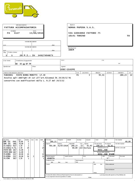 Esempio di una fattura accompagnatoria con evidenziati i campi fiscali e quelli relativi al trasporto