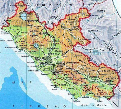 Mappa della regione Lazio con evidenziate le principali città