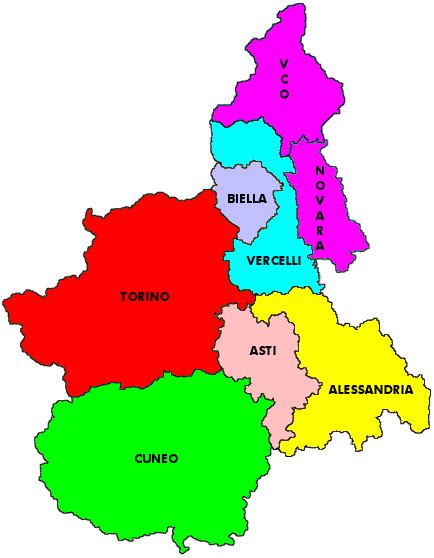 Mappa del Piemonte con evidenziate le province di Torino e Cuneo