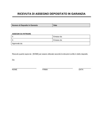 Esempio di modulo per ricevuta di assegno depositato in garanzia