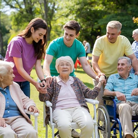 Group of volunteers helping elderly people