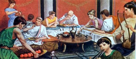 Un banchetto romano con commensali anziani e giovani