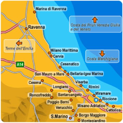 Mappa della Riviera Romagnola con indicazione di Rimini e Riccione