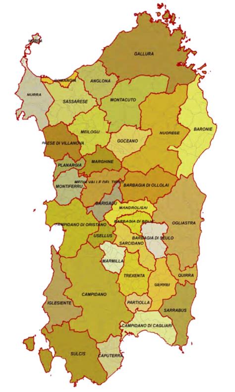 Mappa della Sardegna con evidenziate le aree sanitarie