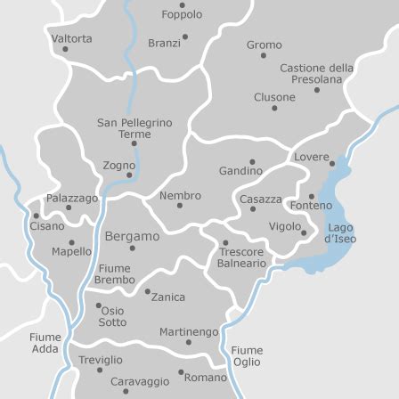 Mappa della provincia di Bergamo con aree di interesse turistico e naturalistico