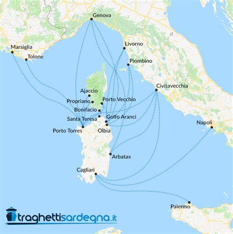 Mappa della Sardegna con i principali porti di arrivo dei traghetti