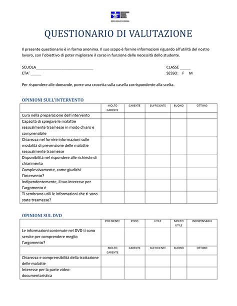 Struttura di un questionario per la valutazione della soddisfazione