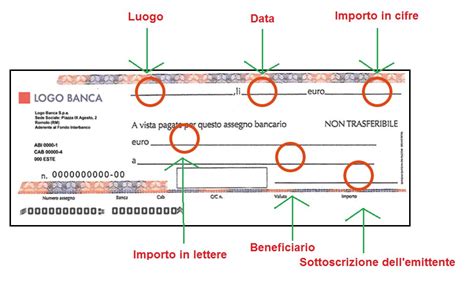 Schema che evidenzia i campi da compilare su un assegno bancario.
