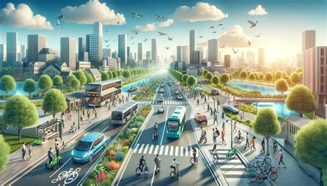 illustrazione di una città inclusiva con persone diverse che usano i mezzi pubblici