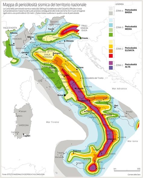 Mappa dell'Italia che evidenzia le aree soggette a rischio sismico e potenzialmente interessate da componenti tariffarie per la ricostruzione.