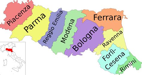 Mappa della regione Emilia-Romagna con evidenziate le province citate
