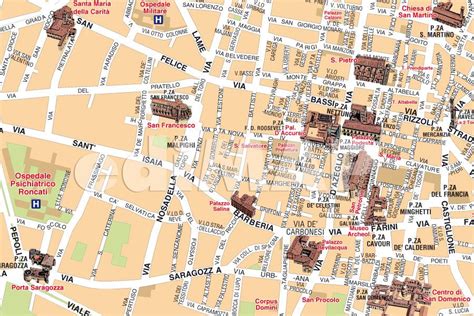 Mappa di Bologna con evidenziati i principali ospedali e università