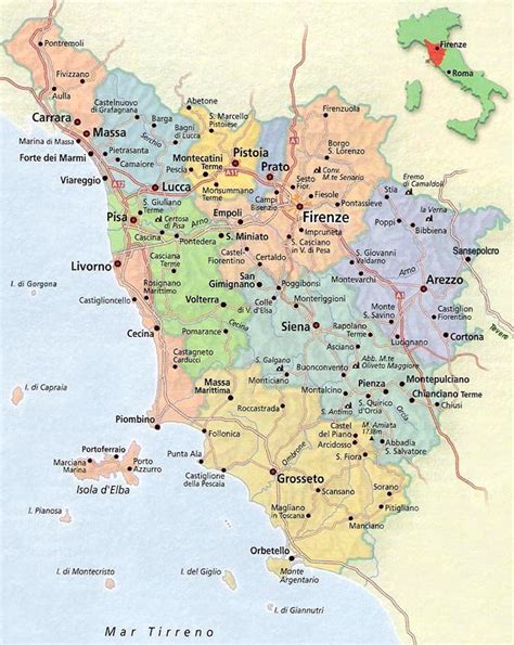 Mappa della Toscana con evidenziate le province e alcune città sede di RSA