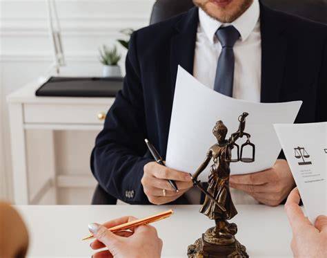 Studio legale con avvocato che parla con un cliente anziano